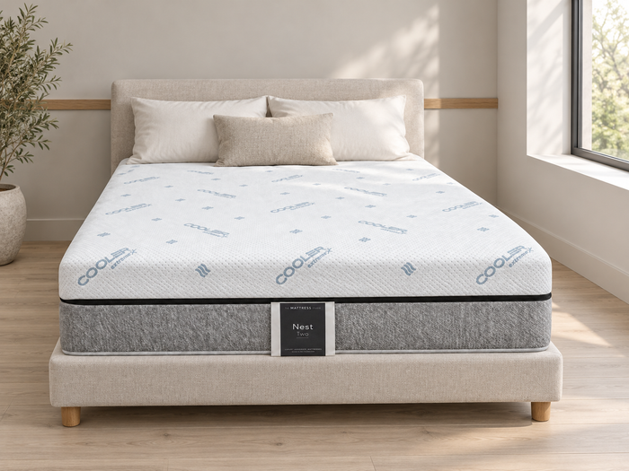 Nest Two mattress in a warm neutral bedroom