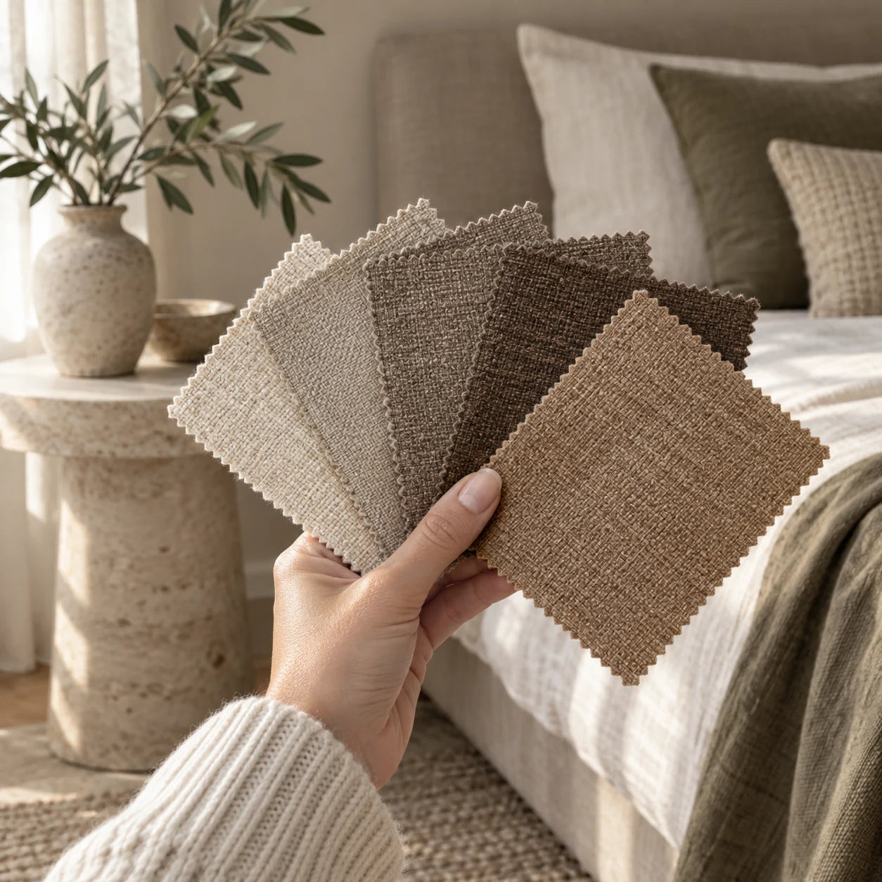 A selection of textured upholstery fabric swatches
