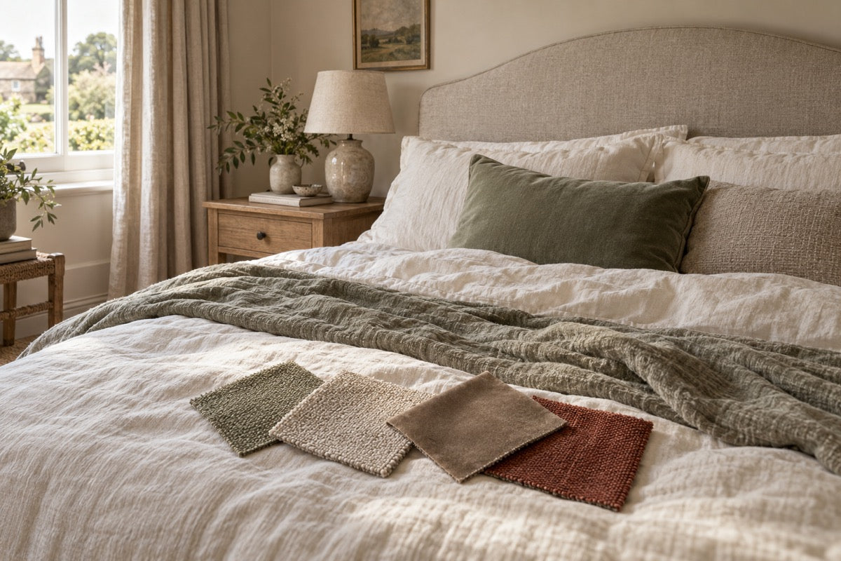Bedroom inspiration with an upholstered headboard, linen bedding and four fabric samples